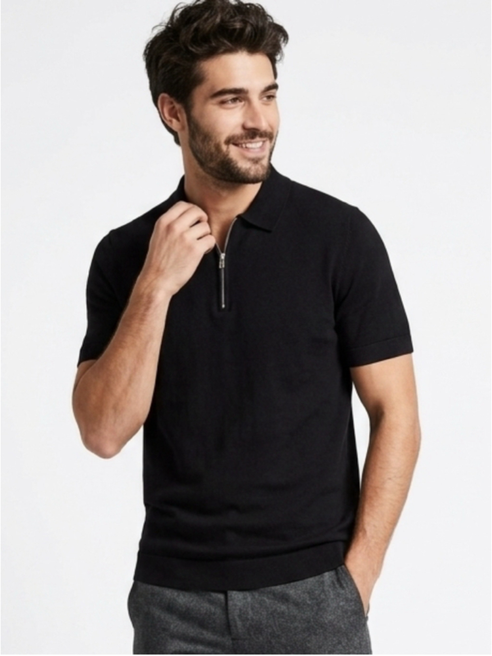 H&M Men Black Muscle Fit Fine-Knit Quarter-Zip Polo Shirt - Size Large - 926